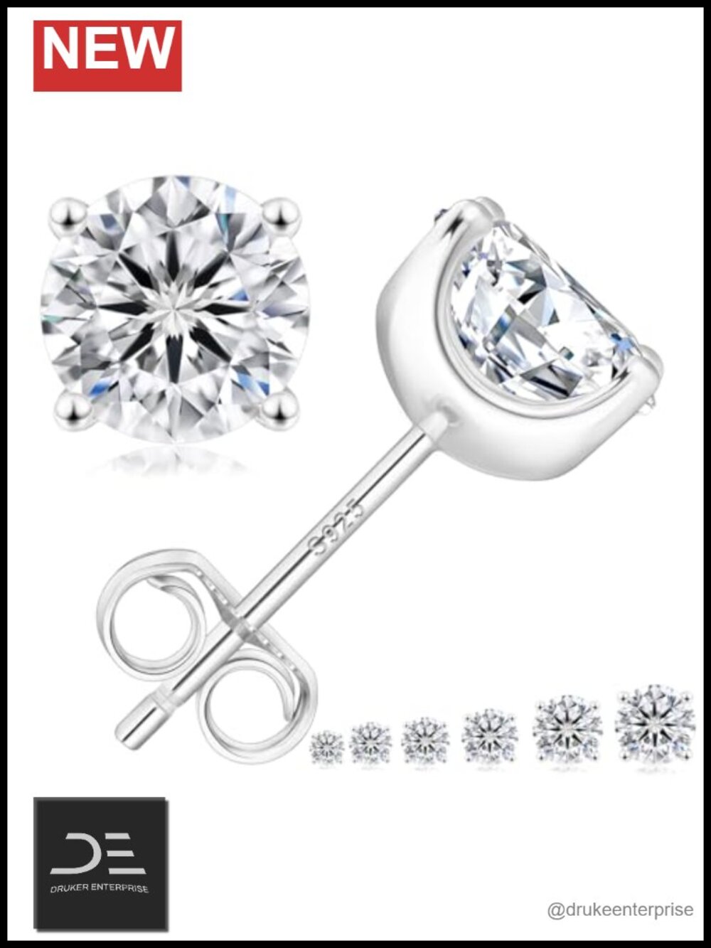 Moissanite Stud Earrings 14K White Gold Plated S925 Sterling Silver Prong Set